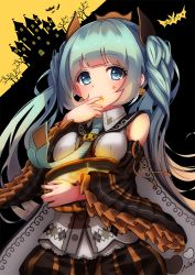 Rule 34 | 1girl, 2017, bad id, bad pixiv id, blunt bangs, character name, dated, detached sleeves, earrings, food-themed earrings, food themed earrings, hatsune miku, highres, jewelry, licking, licking finger, long hair, looking at viewer, necktie, pumpkin earrings, solo, twintails, very long hair, vocaloid