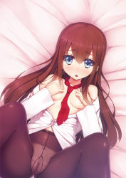 Rule 34 | 1girl, :o, bare shoulders, bed sheet, black pantyhose, blue eyes, blush, bow, bow panties, breasts, brown hair, cameltoe, covering privates, covering breasts, gusset, lab coat, legs up, lying, makise kurisu, medium breasts, necktie, no bra, on back, open mouth, panties, panties under pantyhose, pantyhose, red necktie, siva (executor), solo, spread legs, steins;gate, underwear