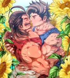 Rule 34 | 2boys, :o, bara, black hair, blue tank top, closed eyes, day, eugen (granblue fantasy), facial hair, flower, granblue fantasy, harukatti, highres, large pectorals, looking at another, male focus, mature male, multiple boys, muscular, muscular male, mustache, open mouth, outdoors, pectorals, rackam (granblue fantasy), red tank top, short hair, smile, sunflower, tank top, upper body