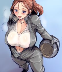 Rule 34 | 1girl, american oppai-san, blue eyes, blush, bodysuit, breasts, brown hair, covered erect nipples, gradient background, unworn headwear, helmet, unworn helmet, huge breasts, long hair, navel, open bodysuit, open clothes, open mouth, original, ponytail, see-through, smile, solo, sweat, sweat stain, tank top, tsuda nanafushi, unzipping, wet, wet clothes