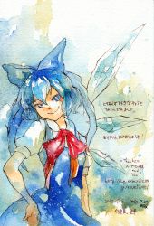 Rule 34 | 1girl, bad id, bad pixiv id, bow, campanula-star, cirno, female focus, gradient background, hair bow, hand on own hip, hip focus, ice, painting (medium), solo, touhou, traditional media, translation request, watercolor (medium), wings