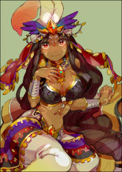 Rule 34 | 1girl, arabian clothes, bad id, bad pixiv id, bare shoulders, bodypaint, border, breasts, brown hair, circlet, cleavage, crescent, dark-skinned female, dark skin, eyeshadow, facial mark, feathers, fingernails, gebt, gem, genie, genie (p&amp;d), green background, hat, jewelry, large breasts, long hair, looking at viewer, lots of jewelry, makeup, midriff, nail polish, navel, necklace, pants, pink nails, puzzle &amp; dragons, red eyes, simple background, sitting, solo, star (symbol), thick thighs, thighs, vambraces, very long hair, wide hips
