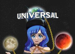 Rule 34 | 1girl, absurdres, bare shoulders, black background, black headwear, blue eyes, blue hair, chain, collarbone, commentary, english commentary, hecatia lapislazuli, hecatia lapislazuli (earth), highres, kyoto kiranami, looking at viewer, medium hair, moon (ornament), simple background, solo, touhou, universal studios, upper body