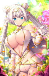 Rule 34 | 1girl, arm guards, bare shoulders, blue eyes, blurry, blurry background, blush, breasts, britomart (fate), britomart (second ascension) (fate), capelet, center opening, cleavage, double bun, dress, elbow gloves, fate/grand order, fate (series), flower, gloves, gold trim, grey hair, hair bun, hairband, highres, large breasts, long hair, looking at viewer, navel, pants, petals, pointy ears, sakura tsubame, smile, solo, thighs, tight clothes, tight pants, twintails, very long hair, white capelet, white dress, white gloves, white pants