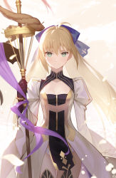 Rule 34 | 1girl, ahoge, artoria caster (fate), artoria caster (third ascension) (fate), artoria pendragon (fate), blonde hair, breasts, cleavage, collarbone, commentary request, cowboy shot, dress, eyes visible through hair, fate/grand order, fate (series), gloves, green eyes, hair between eyes, highres, holding, holding staff, long hair, long sleeves, looking at viewer, panties, revision, siino, small breasts, solo, staff, standing, thighhighs, twintails, underwear