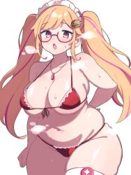Rule 34 | 1girl, :o, arm behind back, bikini, blonde hair, breasts, cleavage, cowboy shot, glasses, jewelry, large breasts, long hair, looking at viewer, maid headdress, mjk1988114&#039;s character, mole, mole on breast, mole on stomach, mole under eye, multicolored hair, necklace, original, pink eyes, pink hair, plump, red-framed eyewear, red bikini, semi-rimless eyewear, shigatsu shizuki, sidelocks, simple background, skindentation, solo, standing, steam, streaked hair, sweat, swimsuit, thick thighs, thighhighs, thighs, twintails, white background, white thighhighs