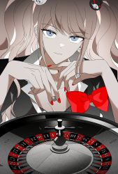 Rule 34 | 1girl, ball, bear hair ornament, black shirt, blue eyes, bow, danganronpa: trigger happy havoc, danganronpa (series), enoshima junko, hair ornament, hands up, highres, holding, holding ball, long hair, nail polish, red bow, red nails, roulette, roulette table, shirt, smile, solo, table, twintails, upper body, vo1ez