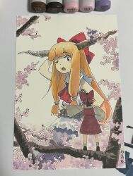 Rule 34 | 2girls, art tools in frame, belt, blouse, blue ribbon, blue skirt, blush, bow, bowtie, branch, brown footwear, brown hair, cherry blossoms, commentary request, detached sleeves, giant, hair bow, hakurei reimu, hand on own head, hand on own hip, highres, horn ornament, horn ribbon, horns, ibuki suika, long hair, looking at another, marker, marker (medium), multiple girls, one eye closed, oni, oni horns, open mouth, orange eyes, orange hair, photo (medium), pointing, pointing to the side, red bow, red bowtie, red skirt, red vest, ribbon, shiratama (hockey), shirt, short hair, sidelocks, signature, skirt, sleeveless, sleeveless shirt, socks, standing, standing on branch, teeth, touhou, traditional media, tree, upper teeth only, vest, white shirt, white sleeves, white socks, wide sleeves