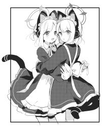 Rule 34 | 2girls, animal ear headphones, animal ears, apron, blue archive, cat tail, dress, fake animal ears, frilled apron, frills, greyscale, halo, headphones, highres, long sleeves, maid, maid apron, maid headdress, midori (blue archive), midori (maid) (blue archive), momoi (blue archive), momoi (maid) (blue archive), monochrome, multiple girls, official alternate costume, open mouth, parted lips, short hair, siblings, sisters, smile, tail, twins, yun (dust-i1)