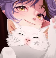 Rule 34 | 1girl, amity blight, blush, cat, face, heart, heart-shaped pupils, looking at viewer, pointy ears, purple hair, smile, solo, symbol-shaped pupils, the owl house, tsuruyi1, white cat, yellow eyes