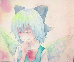 Rule 34 | 1girl, blue eyes, blue hair, bow, cirno, closed eyes, hair bow, hand on own chin, ice, ice wings, matching hair/eyes, painting (medium), smirk, solo, touhou, traditional media, watercolor (medium), wings, yuyu (00365676)