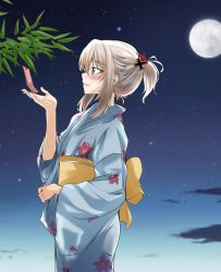 Rule 34 | 1girl, abimaru gup, alternate hairstyle, bamboo, black sky, blue eyes, blue kimono, blurry, blurry background, closed mouth, cloud, cloudy sky, commentary request, cross, cross hair ornament, depth of field, floral print, from side, full moon, girls und panzer, hair ornament, hair scrunchie, hair up, highres, iron cross, itsumi erika, japanese clothes, kimono, long sleeves, moon, night, night sky, obi, print kimono, red scrunchie, sash, scrunchie, short hair, short ponytail, sidelocks, silver hair, sky, smile, solo, standing, star (sky), starry sky, tanabata, tanzaku, translated, wide sleeves