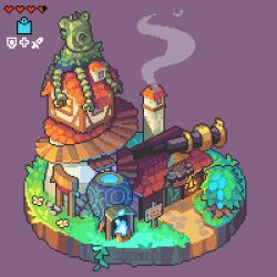 Rule 34 | animated, animated gif, artist name, blue fire, building, chimney, fire, flower, grass, guardian (zelda), heart, highres, nintendo, no humans, pixel jess, robot, scenery, simple background, smoke, stairs, telescope, the legend of zelda, the legend of zelda: breath of the wild, tree, wind