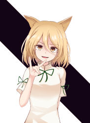 Rule 34 | 1girl, animal ears, black background, blonde hair, bow, eyes visible through hair, fox ears, green bow, green neckwear, hair between eyes, hand up, highres, ibara kashipan, jumpsuit, kudamaki tsukasa, md5 mismatch, open mouth, short hair, short sleeves, simple background, smile, solo, touhou, white background, white jumpsuit, white sleeves, yellow eyes