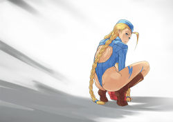 Rule 34 | 1990s (style), 1girl, ahoge, back cutout, backless outfit, blonde hair, blue leotard, blush, boots, braid, cammy white, capcom, clothing cutout, eyelashes, from behind, garrison cap, gloves, hat, huge ahoge, ikiteirukagiri, leotard, long hair, looking back, ribbed leotard, solo, squatting, street fighter, street fighter zero (series), thong leotard, twin braids, very long hair