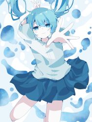 Rule 34 | 1girl, aqua hair, arm up, blue background, blue eyes, blue pupils, blue skirt, blue theme, collared shirt, commentary request, dot nose, eyes visible through hair, floating hair, hair between eyes, hands up, hatsune miku, highres, izu (izu 16016), long hair, looking at viewer, pleated skirt, reaching, reaching towards viewer, shirt, short sleeves, sidelocks, skirt, solo, tearing up, twintails, unkempt, vocaloid, wavy mouth, white background, white shirt