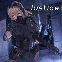 Rule 34 | 1girl, aiming, bae.c, black gloves, black jacket, black pants, blonde hair, brown eyes, commentary request, dirty, dirty clothes, ear protection, english text, gloves, gun, hair between eyes, holding, holding gun, holding weapon, jacket, long hair, long sleeves, night, original, outdoors, pants, solo, stairs, suppressor, v-shaped eyebrows, weapon, weapon request