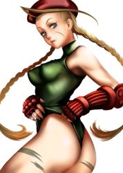 Rule 34 | 1girl, ass, ayatori, bad id, bad pixiv id, beret, blonde hair, blue eyes, braid, breasts, cammy white, capcom, female focus, fingerless gloves, gloves, hat, leotard, long hair, looking back, scar, solo, street fighter, twin braids, white background