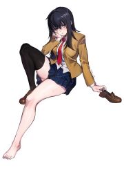 Rule 34 | 1girl, absurdres, asymmetrical legwear, blue skirt, brown footwear, character request, copyright request, highres, ling luo xi yang, long sleeves, mismatched legwear, necktie, red necktie, simple background, skirt, solo, toes, white background