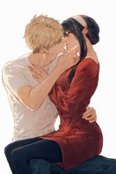Rule 34 | 1boy, 1girl, arm around waist, black hair, black pantyhose, blonde hair, blue pants, blush, closed eyes, couple, denim, facing another, hair between eyes, hairband, hand on another&#039;s chest, hand on another&#039;s chin, hetero, highres, imminent kiss, jeans, jewelry, long sleeves, maiii (smaii i), noses touching, pants, pantyhose, parted lips, red sweater, ring, shirt, short hair, short hair with long locks, simple background, sitting, sitting on lap, sitting on person, spy x family, sweater, t-shirt, twilight (spy x family), twitter username, white background, white hairband, white shirt, yor briar