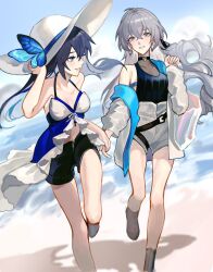 Rule 34 | 2girls, alternate costume, bag, bare legs, bare shoulders, black headwear, black shorts, blue eyes, blue hair, breasts, bronya rand, butterfly hair ornament, chinese commentary, collarbone, couple, earrings, grey eyes, grey hair, hair between eyes, hair ornament, hand on headwear, hat, highres, holding hands, honkai: star rail, honkai (series), jacket, jewelry, looking at another, medium breasts, mie xing, multiple girls, open clothes, open jacket, parted lips, seele (honkai: star rail), shorts, smile, white headwear, white shorts, yuri