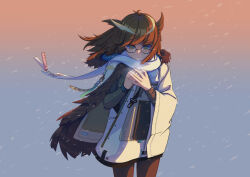 Rule 34 | 1girl, absurdres, arknights, bird girl, black wristband, brown hair, brown sweater, coat, commentary request, feather hair, feathered coat, glasses, highres, infection monitor (arknights), long hair, long sleeves, official alternate costume, open mouth, owl ears, owl girl, own hands together, silence (arknights), silence (frosted breath) (arknights), snowing, solo, sweater, wei mie (not extinguished), white coat, wind, yellow eyes