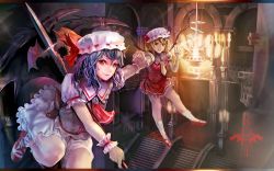 Rule 34 | 2girls, ascot, bad id, bad pixiv id, bat wings, blonde hair, blue hair, brooch, dress, flandre scarlet, flying, holding hands, hat, hat ribbon, interlocked fingers, jewelry, lamp, letterboxed, looking at viewer, mob cap, multiple girls, night, pulling, ramudayajirushi, red dress, red eyes, red footwear, remilia scarlet, revision, ribbon, sash, scarlet devil mansion, shirt, shoes, short sleeves, siblings, side ponytail, sisters, smile, spear the gungnir, stairs, touhou, v, white dress, wings, wrist cuffs