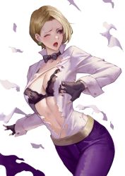Rule 34 | 1girl, blonde hair, blouse, bow, bowtie, bra, breasts, collared shirt, earrings, fingerless gloves, gloves, jewelry, king (snk), midriff, nail polish, one eye closed, phamoz, shirt, short hair, simple background, the king of fighters, the king of fighters xv, torn clothes, torn shirt, underwear, white background, white shirt