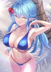 1girl absurdres armpits beach bikini blue_bikini blue_hair braid breasts colored_tips covered_erect_nipples elf flower food hair_between_eyes hair_flower hair_ornament half_updo highres hololive large_breasts long_hair looking_at_viewer multicolored_hair navel open_mouth outdoors pointy_ears popsicle smile solo sora_shitatoge standing streaked_hair swimsuit very_long_hair virtual_youtuber yellow_eyes yukihana_lamy