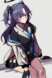 Rule 34 | 1girl, black gloves, black jacket, black skirt, blue archive, blue eyes, blue necktie, breasts, closed mouth, collared shirt, commentary, gloves, grey background, half gloves, halo, highres, jacket, long hair, looking at viewer, medium breasts, mywaffuru, necktie, off shoulder, open clothes, open jacket, parted bangs, pleated skirt, purple hair, shirt, simple background, sitting, skirt, solo, two side up, white jacket, white shirt, yuuka (blue archive)