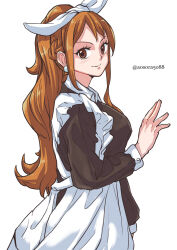 Rule 34 | alternate costume, alternate hairstyle, aosora2823, apron, black dress, blush, braid, breasts, brown hair, dress, earrings, enmaided, hairband, highres, jewelry, large breasts, long hair, long sleeves, looking at viewer, looking to the side, maid, nami (one piece), one piece, ponytail, simple background, smile, twitter username, very long hair, white apron, white background, white hairband