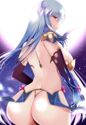 Rule 34 | 1girl, armlet, armor, ass, back, bikini armor, blue hair, blush, breasts, earrings, fate/grand order, fate (series), flower, hair ribbon, highres, jewelry, kama (fate), kama (third ascension) (fate), kankitsu kei, large breasts, long hair, looking at viewer, looking back, lotus, multicolored hair, red eyes, ribbon, smile, solo, thighs, two-tone hair, white hair
