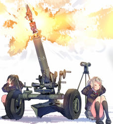 Rule 34 | &gt; &lt;, 2girls, :3, > <, ammunition, artillery, black socks, closed eyes, convenient censoring, covering own ears, crew-served weapon, daito, explosion, fire, firing, full body, gift, gun-mortar, kneehighs, knees up, loafers, machinery, missile, mortar (weapon), multiple girls, original, ribbon, school uniform, shell (projectile), shoes, simple background, socks, spotting scope, squatting, thighs, valentine, weapon, wheel, white background, wince, x3