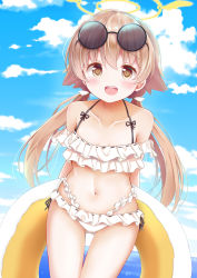 Rule 34 | 1girl, arms behind back, azu ruril, bikini, blue archive, blush, breasts, cloud, collarbone, commentary request, eyewear on head, frilled bikini, frills, halo, hifumi (blue archive), hifumi (swimsuit) (blue archive), innertube, light brown hair, navel, open mouth, sky, small breasts, solo, sunglasses, swim ring, swimsuit, white bikini, yellow eyes
