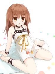Rule 34 | 1girl, :o, anklet, arm support, bare arms, bare shoulders, barefoot, black neckwear, blush, bracelet, brown eyes, brown hair, choker, collarbone, dress, flower, halterneck, jewelry, leaning back, long hair, looking at viewer, open mouth, original, simple background, sitting, sleeveless, sleeveless dress, soles, solo, wariza, white background, white dress, yuuhagi (amaretto-no-natsu)
