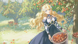 Rule 34 | 1girl, apple, apple tree, basket, black dress, blue eyes, closed mouth, commentary, day, detached sleeves, dress, english commentary, eyebrows hidden by hair, flower, food, fruit, hair flower, hair ornament, haruri, highres, holding, holding basket, juliet sleeves, ladder, long sleeves, looking at viewer, original, outdoors, parted bangs, puffy sleeves, red apple, sleeveless, sleeveless dress, smile, solo, tree, white flower, white sleeves