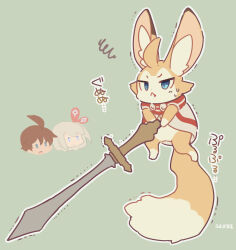 Rule 34 | 1boy, 1girl, animal, animal ear fluff, animal focus, blue eyes, bow, brown hair, character request, cloak, closed mouth, clothed animal, commentary request, frown, green background, hair bow, head only, highres, holding, holding sword, holding weapon, huge weapon, one side up, outline, red bow, red cloak, short hair, simple background, solid oval eyes, squiggle, sweat, sword, trembling, two-tone cloak, usamata, v-shaped eyebrows, weapon, white cloak, white hair, white outline, world flipper