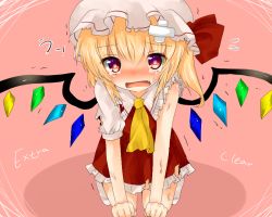 Rule 34 | 1girl, all fours, ascot, bad id, bad pixiv id, bandaid, blonde hair, blush, dirty, fang, flandre scarlet, flying sweatdrops, hat, hat ribbon, koyashaka, looking at viewer, mob cap, open mouth, puffy sleeves, ribbon, scratches, shirt, short sleeves, side ponytail, skirt, solo, tears, torn clothes, torn hat, torn shirt, torn skirt, touhou, translated, uu~, vest, wavy mouth, wings