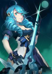Rule 34 | 1girl, ahoge, black gloves, blue dress, blue eyes, blue hair, clothes pull, crossed legs, dress, dress pull, drill hair, eyebrows hidden by hair, gloves, grey background, gwen (league of legends), holding, holding scissors, juliet sleeves, league of legends, long sleeves, medium hair, over shoulder, oversized object, puffy sleeves, scissors, single thighhigh, solo, stitched neck, stitches, thighhighs, twin drills