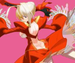 Rule 34 | 10s, 1girl, aestus estus, ahoge, ass, back cutout, backless outfit, blonde hair, breasts, butt crack, clothing cutout, dress, epaulettes, fate/extra, fate (series), holding, holding sword, holding weapon, looking back, nero claudius (fate), nero claudius (fate), nero claudius (fate/extra), pink background, red dress, simple background, solo, sword, weapon, yuuki (irodo rhythm)