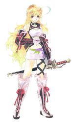 Rule 34 | 1girl, ahoge, bare shoulders, blonde hair, boots, choker, elbow gloves, elbow pads, gloves, gradient hair, inomata mutsumi, knee boots, long hair, midriff, milla maxwell, miniskirt, multicolored hair, navel, official art, red eyes, scabbard, sheath, skirt, solo, strapless, sword, tales of (series), tales of xillia, tube top, very long hair, weapon