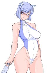 Rule 34 | 1girl, 2k-tan, bare arms, bare shoulders, blue eyes, blue hair, blue leotard, bottle, breasts, closed mouth, collarbone, covered collarbone, covered navel, cowboy shot, eyelashes, fingernails, groin, headgear, heattech leotard, highleg, highleg leotard, highres, holding, holding bottle, large breasts, legs apart, leotard, light blue hair, looking at viewer, os-tan, over-rim eyewear, red-framed eyewear, ruriwo (ruriwo1894), semi-rimless eyewear, short hair, simple background, smile, solo, split mouth, standing, thighs, turtleneck, two-tone leotard, water bottle, white background, white leotard