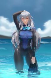 Rule 34 | 1girl, arknights, arm up, blurry, bodysuit, breasts, cloud, covered navel, cowboy shot, day, depth of field, diving suit, dripping, female focus, flippers, goggles, highres, holding, jangsunyo, legs apart, lips, long hair, looking at viewer, medium breasts, nature, ocean, open mouth, outdoors, partially submerged, red eyes, silver hair, simple background, skadi (arknights), skin tight, solo, standing, teeth, thighs, wading, water, wet, wetsuit