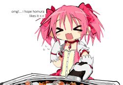 Rule 34 | &gt; &lt;, 1girl, :3, :d, blush, blush stickers, bow, buttons, choker, clenched hand, closed eyes, commentary, cooking, deformed, dress, english commentary, english text, facing viewer, flying sweatdrops, food, frills, frying pan, gloves, hair bow, hand up, highres, holding, holding frying pan, iamgod 0526, kaname madoka, mahou shoujo madoka magica, mahou shoujo madoka magica (anime), no nose, open mouth, pink bow, pink dress, pink hair, puffy short sleeves, puffy sleeves, red choker, short hair, short sleeves, short twintails, simple background, smile, solo, soul gem, twintails, white background, white gloves, white sleeves