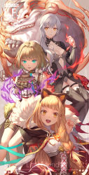 Rule 34 | 3girls, :d, animal ears, aqua eyes, asymmetrical bangs, belt, birdcage, blonde hair, breasts, bright pupils, brown hair, cage, cloak, clothes lift, clothing cutout, commentary request, corset, dark persona, fake animal ears, flat chest, frills, fur trim, gretel (sinoalice), hairband, half-nightmare, hansel (sinoalice), highres, hood, hood down, hooded cloak, lf (paro), lock, looking at viewer, medium breasts, multiple girls, navel cutout, open mouth, orange eyes, padlock, pale skin, parted lips, red eyes, red riding hood (sinoalice), shrug (clothing), sinoalice, skirt, skirt lift, small breasts, smile, snow white (sinoalice), teeth, thigh strap, upper teeth only, white hair, white pupils