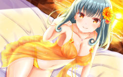 Rule 34 | 1girl, aqua hair, armpits, bare legs, bare shoulders, bikini, bikini bottom only, blush, breasts, brown eyes, camisole, cleavage, closed mouth, collarbone, commentary request, curly hair, eyebrows, flower, girlfriend (kari), hair flower, hair ornament, highres, jewelry, legs together, looking at viewer, masa (mirage77), medium breasts, navel, necklace, ocean, outdoors, shinomiya risa, sitting, sky, smile, solo, summer, sun, sunset, swimsuit, thighs, wallpaper, yellow bikini, yellow sky