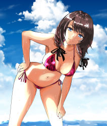 Rule 34 | 1girl, beach, bikini, blue eyes, breasts, brown hair, cleavage, dgococo, hair ribbon, hand on own hip, hand on leg, hand on own leg, hand on own thigh, hand on thigh, highres, large breasts, leaning forward, looking at viewer, low twintails, navel, ocean, pink bikini, ribbon, seductive smile, smile, swimsuit, twintails, water, wet