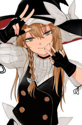Rule 34 | 1girl, apron, black gloves, black hat, black nails, black vest, blonde hair, bow, braid, buttons, closed mouth, double v, earrings, fingerless gloves, gloves, green eyes, hair between eyes, hair bow, hat, hat bow, highres, jewelry, kirisame marisa, long hair, looking at viewer, nail polish, necro (nekurodayo), simple background, single braid, smile, solo, sweater, touhou, upper body, v, vest, waist apron, white background, white bow, white sweater, witch hat
