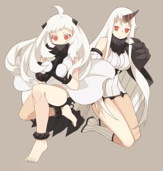 Rule 34 | 10s, 2girls, abyssal ship, ahoge, anklet, bad id, bad pixiv id, barefoot, boots, claws, collar, detached sleeves, dress, full body, horns, jewelry, kantai collection, long hair, mittens, multiple girls, northern ocean princess, orange eyes, ribbed dress, seaport princess, short dress, single horn, sumi (516329063), very long hair, white dress, white footwear, white hair