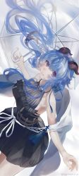Rule 34 | 1girl, absurdres, alternate costume, artist name, bare arms, black dress, blue hair, breasts, crossed bangs, dated, dress, floating hair, frilled dress, frills, ganyu (genshin impact), genshin impact, goat horns, gradient eyes, highres, holding, holding umbrella, horns, large breasts, long hair, multicolored eyes, parted lips, purple eyes, sidelocks, sleeveless, sleeveless dress, smile, solo, swkl:d, umbrella